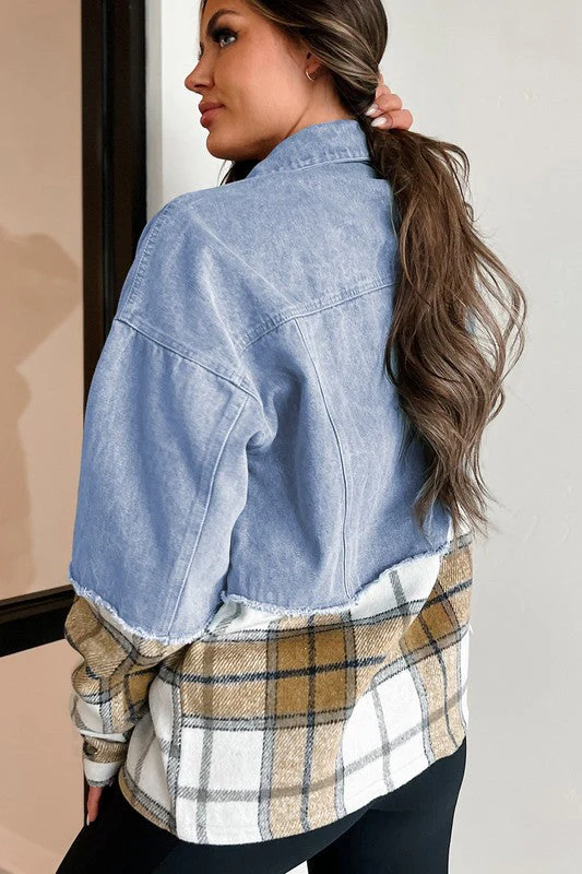 Catalina | Oversized plaid patchwork denim jacket with buttons - Image 7