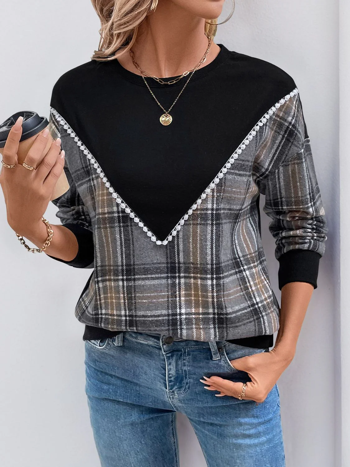 Catarina | Perfee checked long sleeve crew neck sweatshirt - Image 3