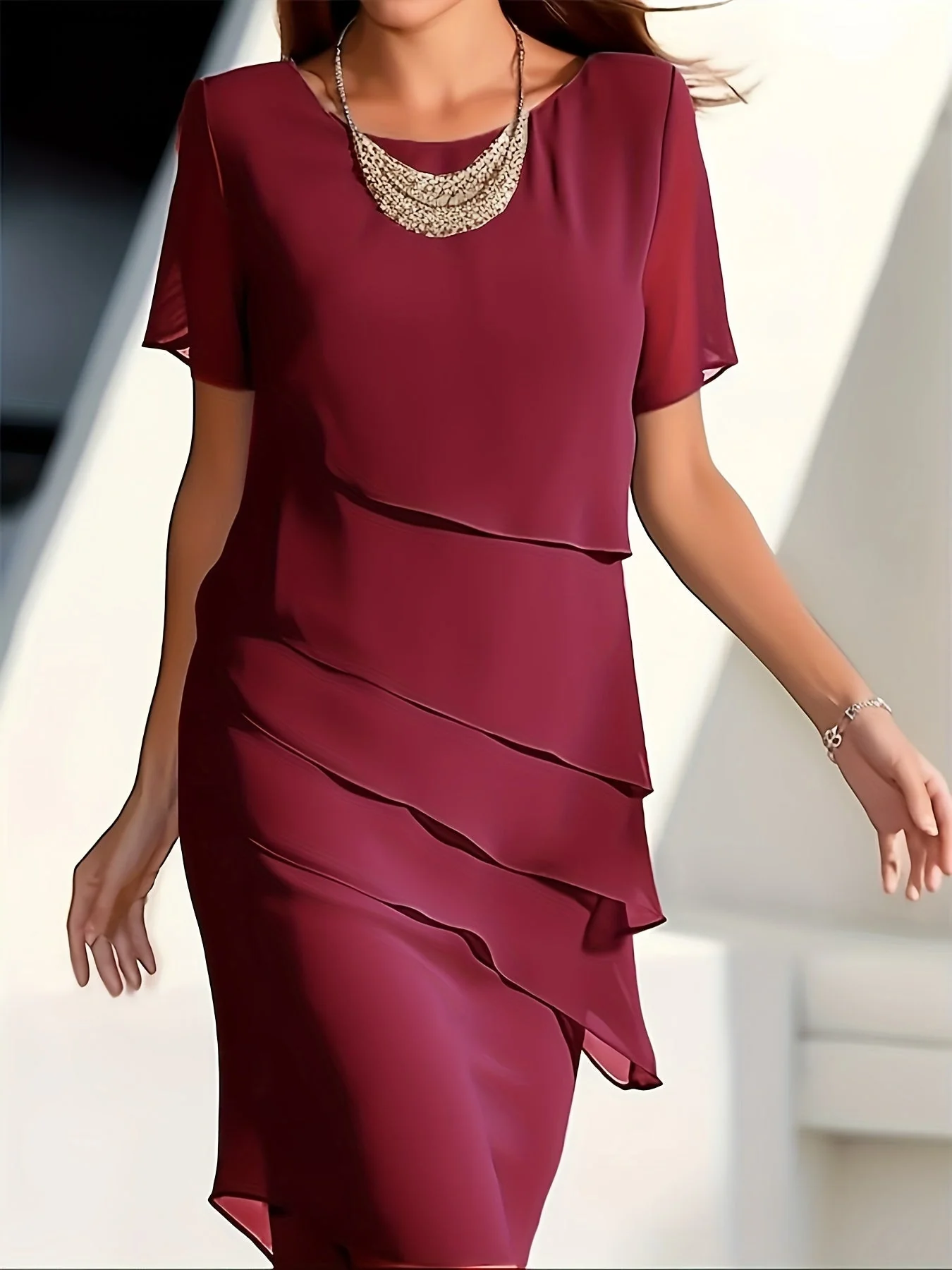 Cecilia® | Cotton Layered Trim Round Neck Short Sleeve Evening Dress For Women - Image 8
