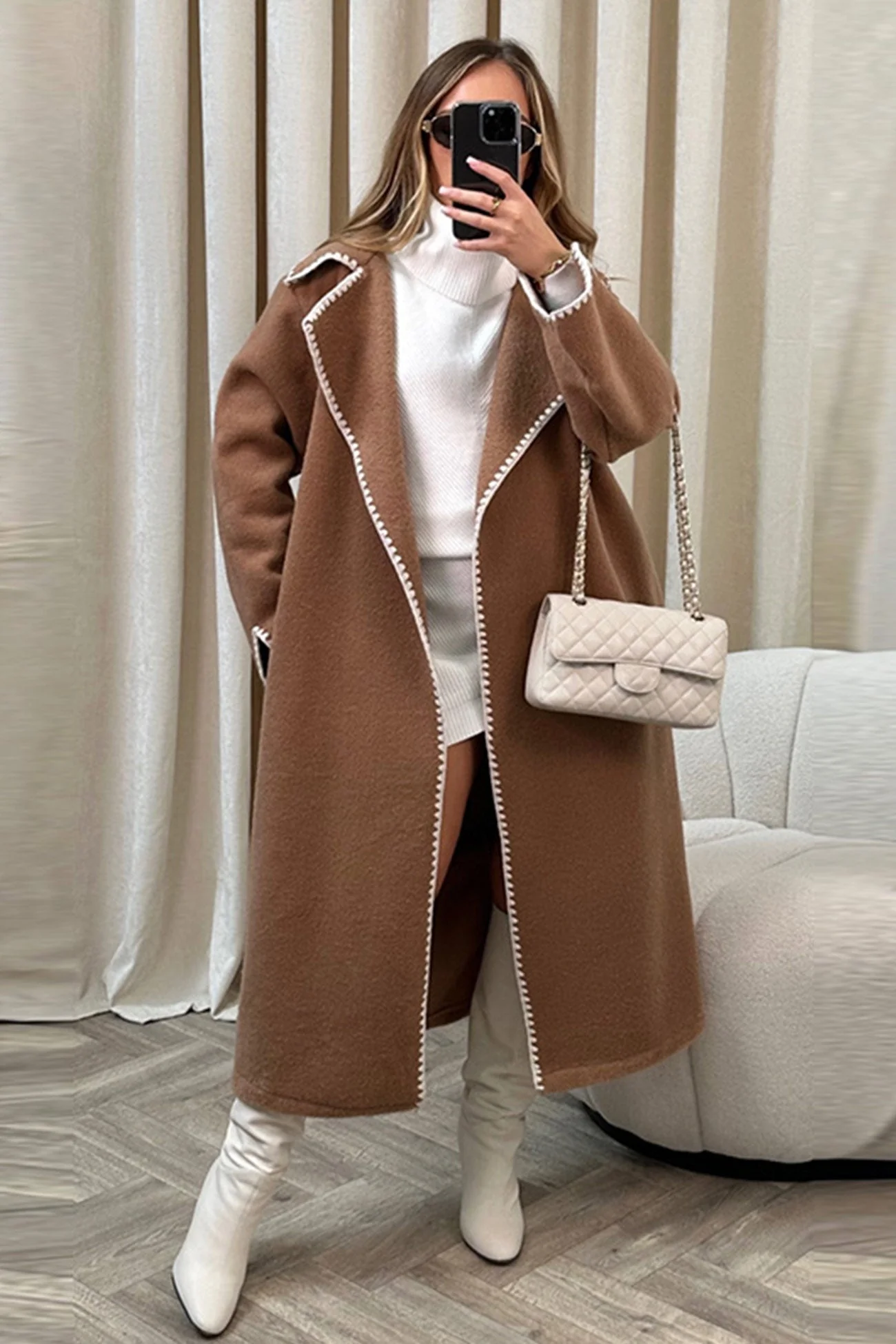 Cecilia | Long coat with lapels and lace and open front - Image 4