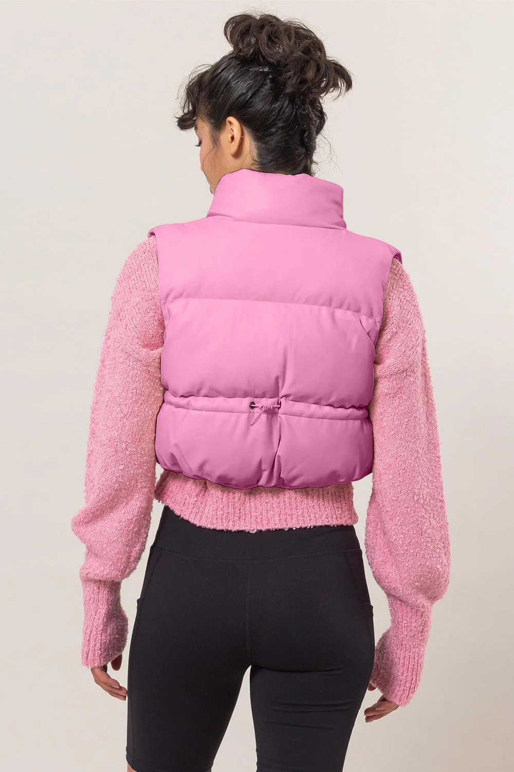 Celia | Cropped leather puffer vest with zip fastening - Image 2