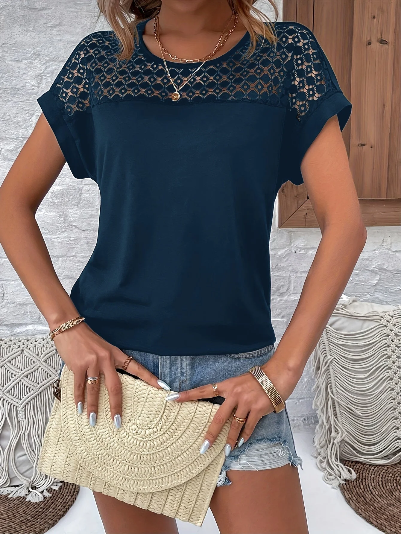 Ceres® | Trendy Bordeaux T-Shirt With Lace Trim And Batwing Sleeves - Image 3