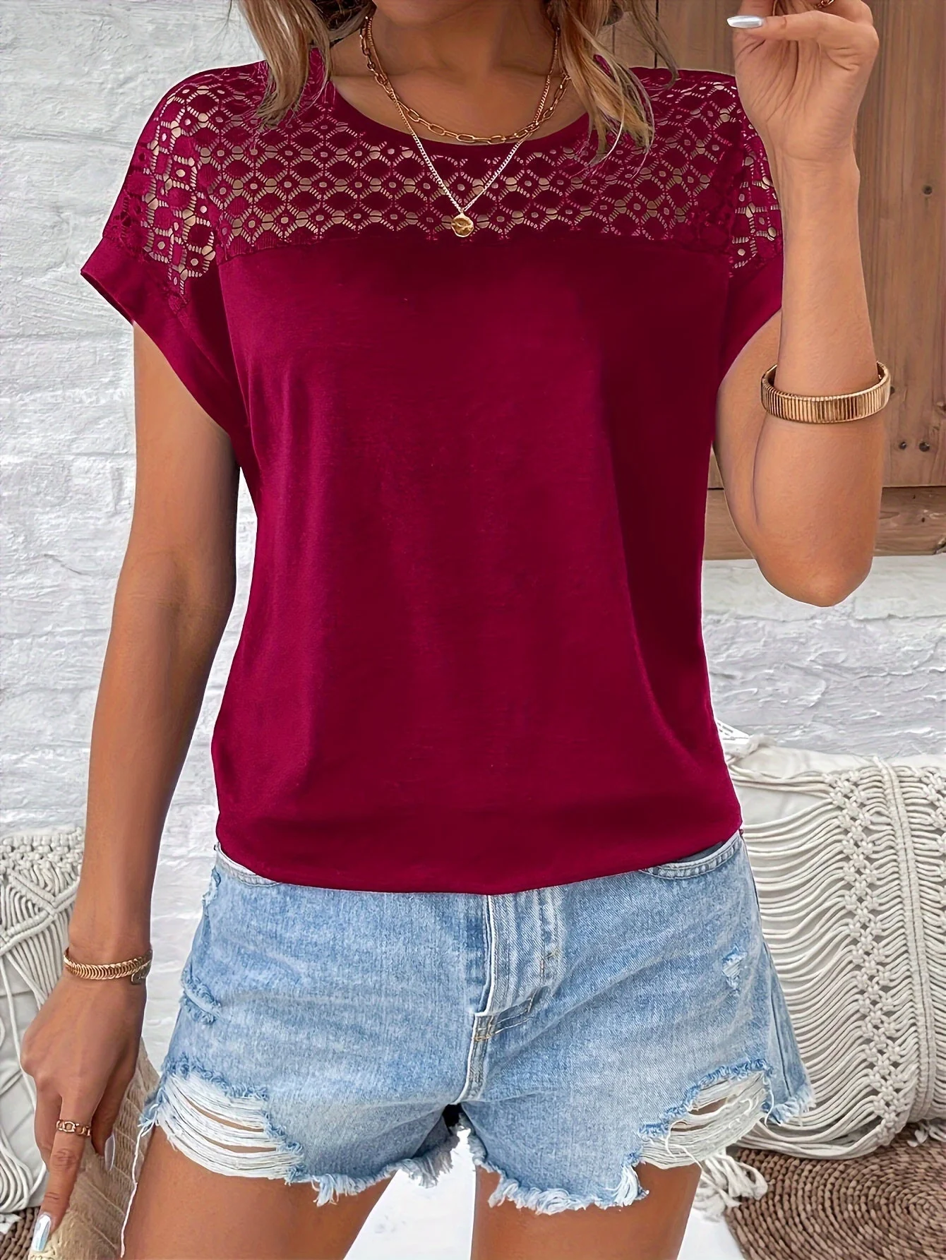 Ceres® | Trendy Bordeaux T-Shirt With Lace Trim And Batwing Sleeves - Image 5