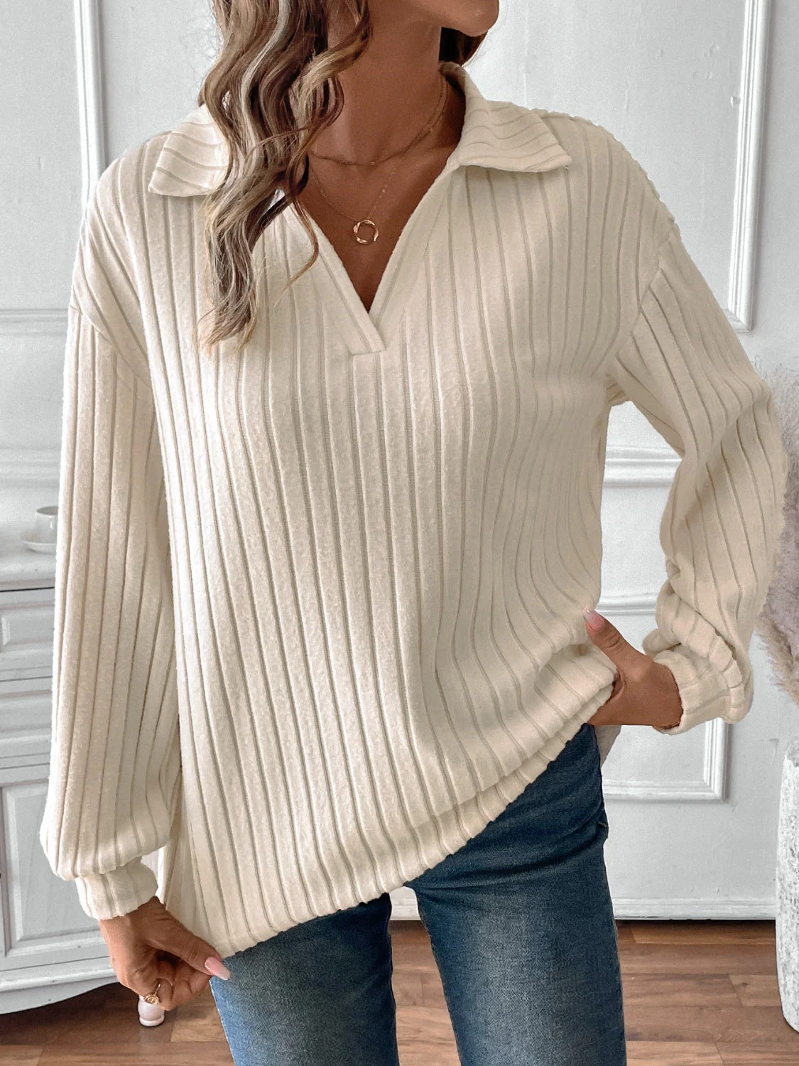Charlotte | Ribbed long sleeve t-shirt with Johnny collar - Image 3