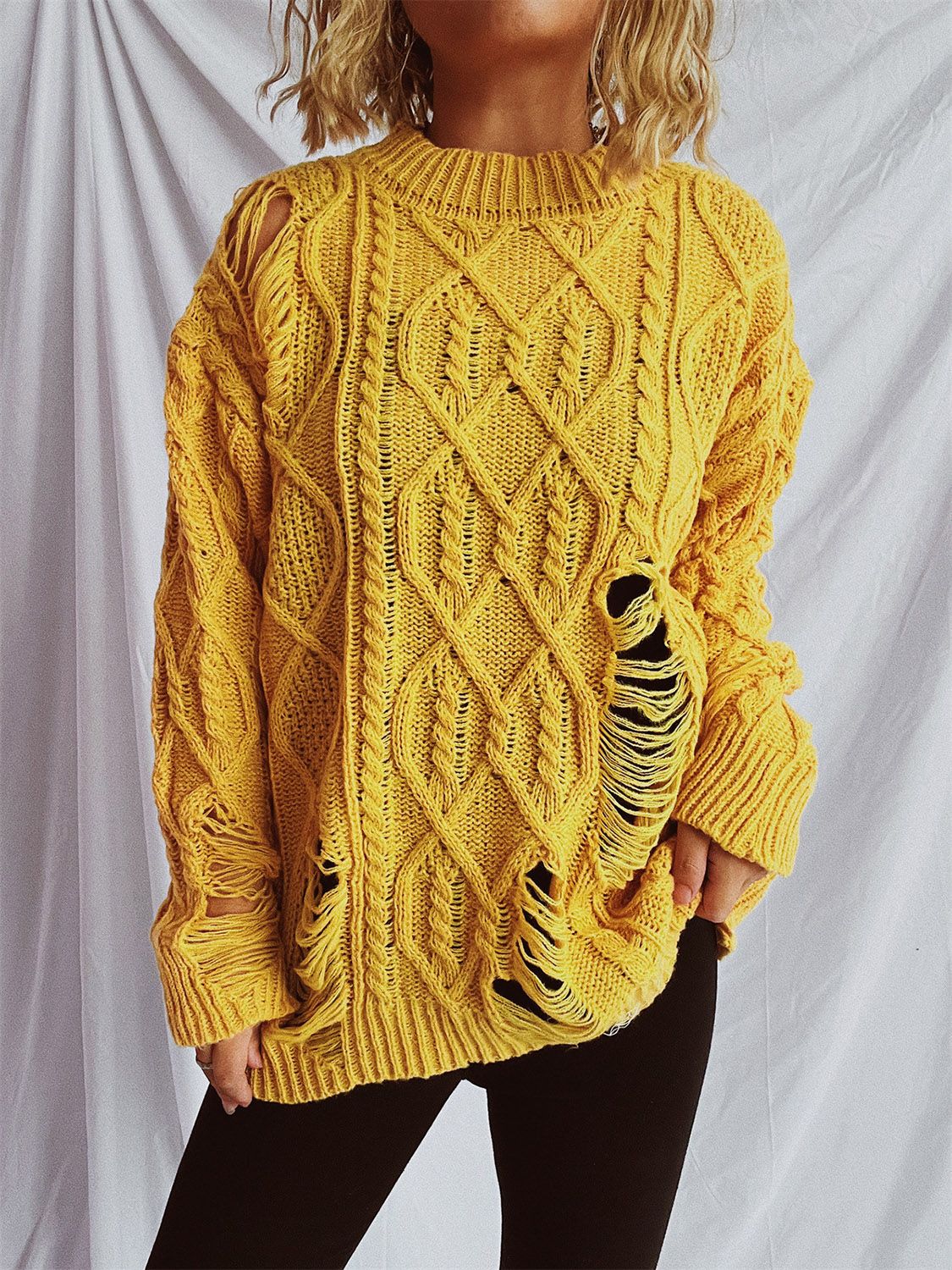 Clara | Long-sleeved, crew-neck, distressed cable-knit sweater - Image 15
