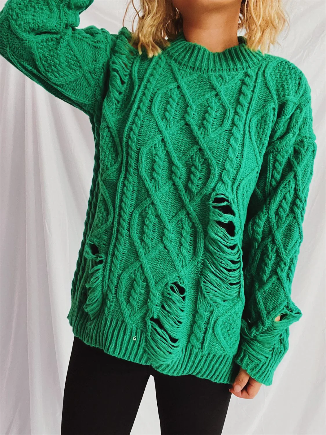 Clara | Long-sleeved, crew-neck, distressed cable-knit sweater - Image 4