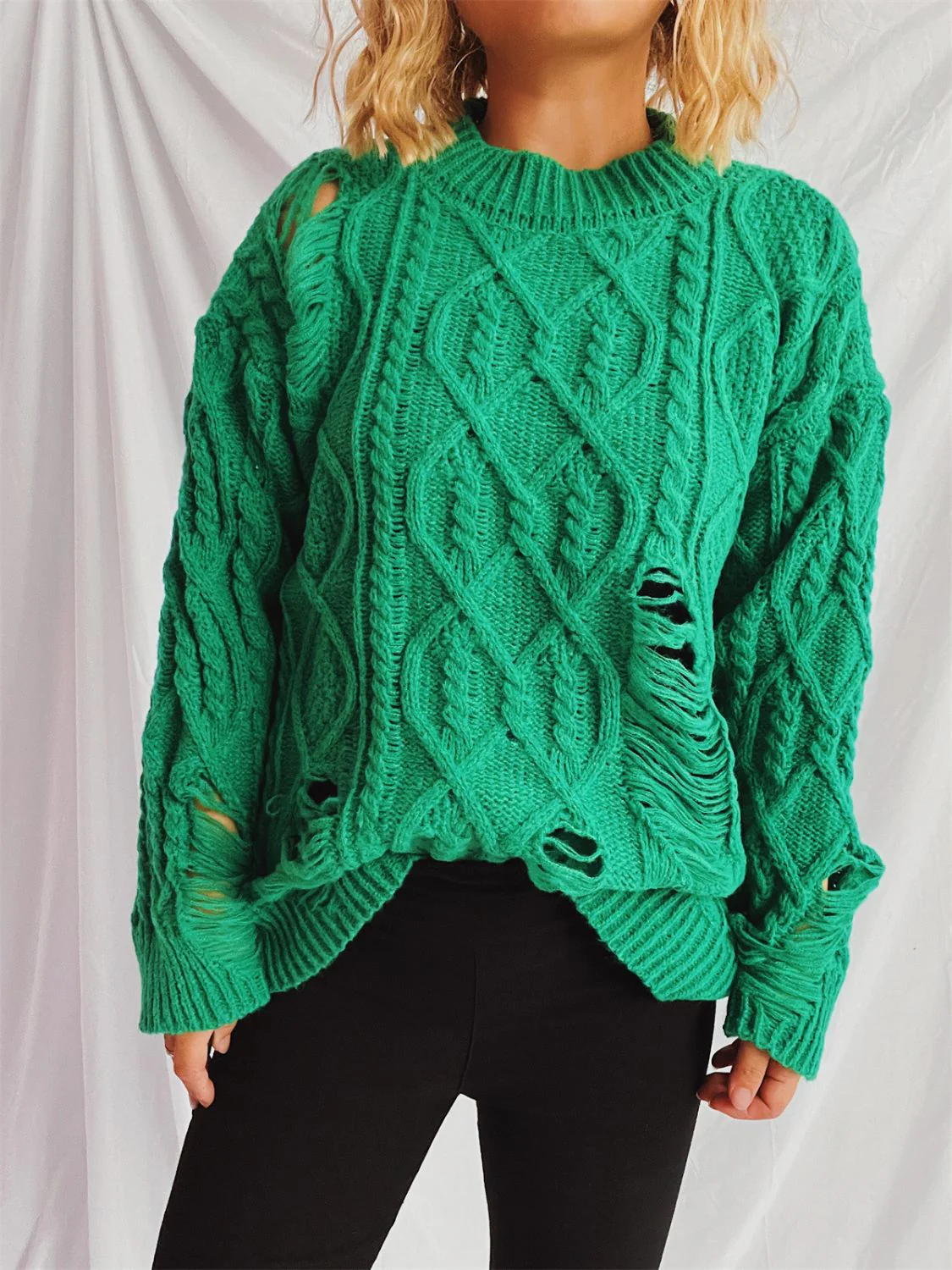 Clara | Long-sleeved, crew-neck, distressed cable-knit sweater - Image 5