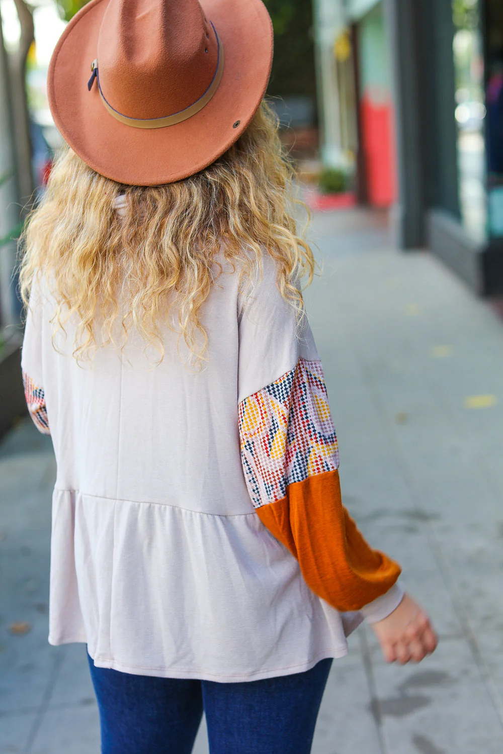 Claudia | Babydoll terry turtleneck top in taupe and rust - Image 2