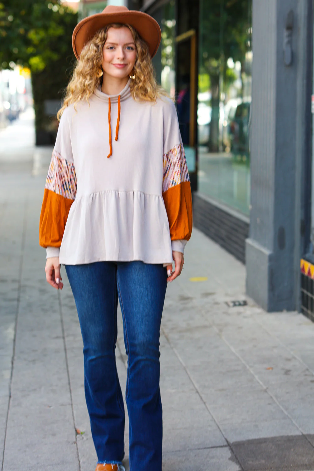 Claudia | Babydoll terry turtleneck top in taupe and rust - Image 6