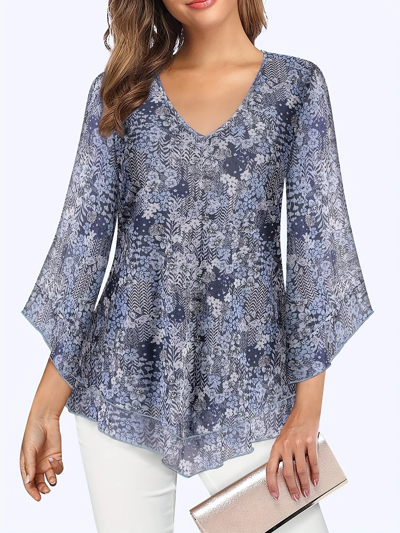 Claudia® | Chic V-Neck Ruffle Mesh Blouse - Image 4