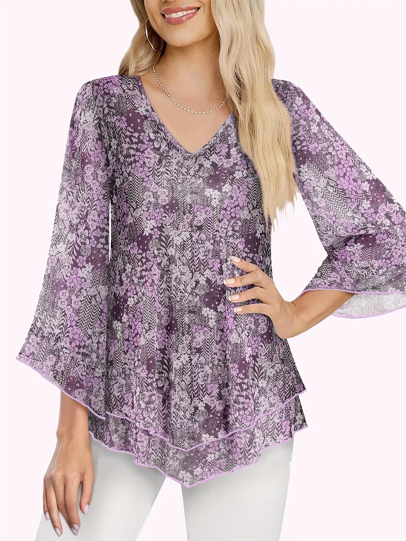 Claudia® | Chic V-Neck Ruffle Mesh Blouse - Image 9