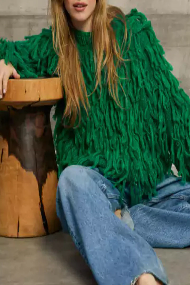 Claudia | Elegant British style plain O-neck tassel sweaters - Image 4