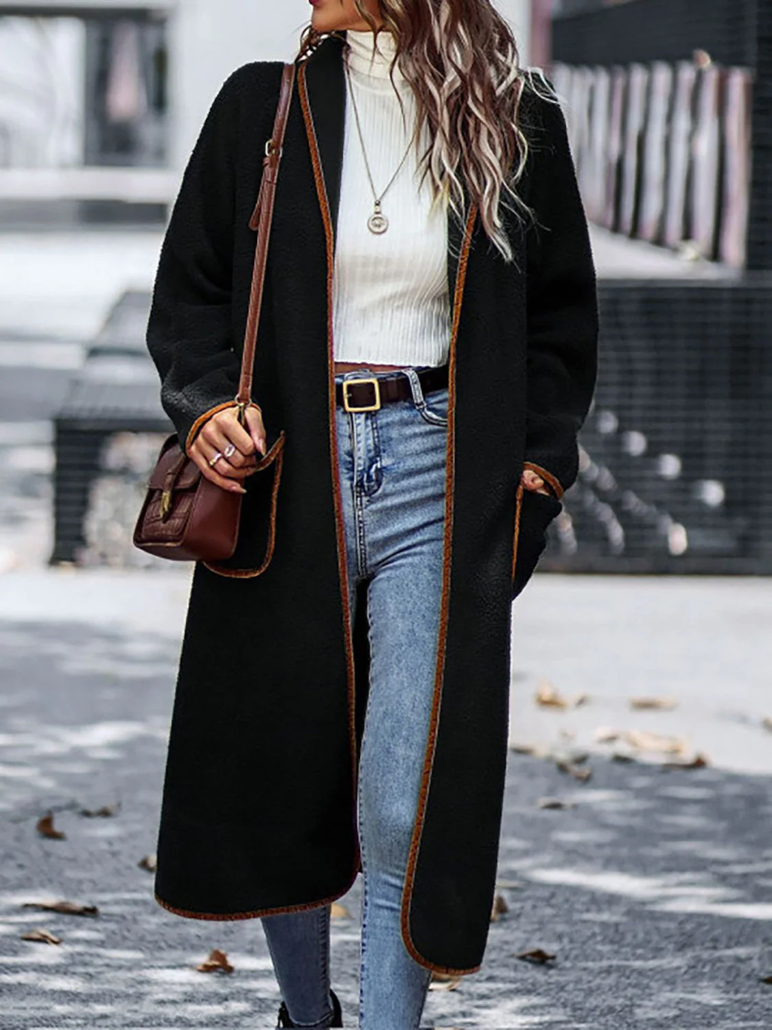 Claudia | Full size long sleeve coat with contrast trim and pockets - Image 4