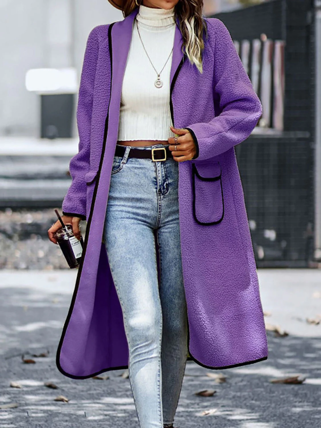 Claudia | Full size long sleeve coat with contrast trim and pockets - Image 7