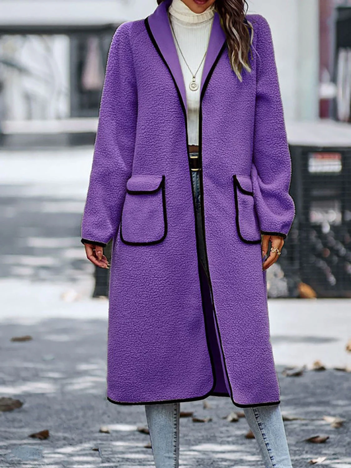 Claudia | Full size long sleeve coat with contrast trim and pockets - Image 9