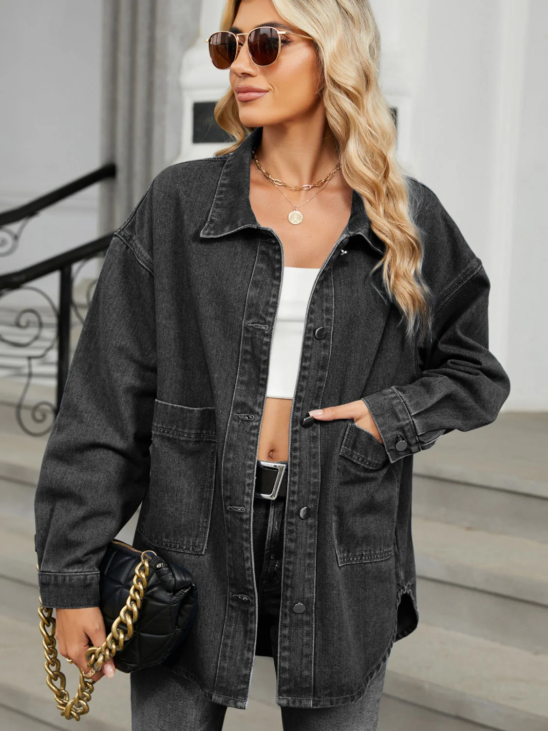 Claudine | Long-sleeved denim jacket with detachable hood and button placket - Image 8