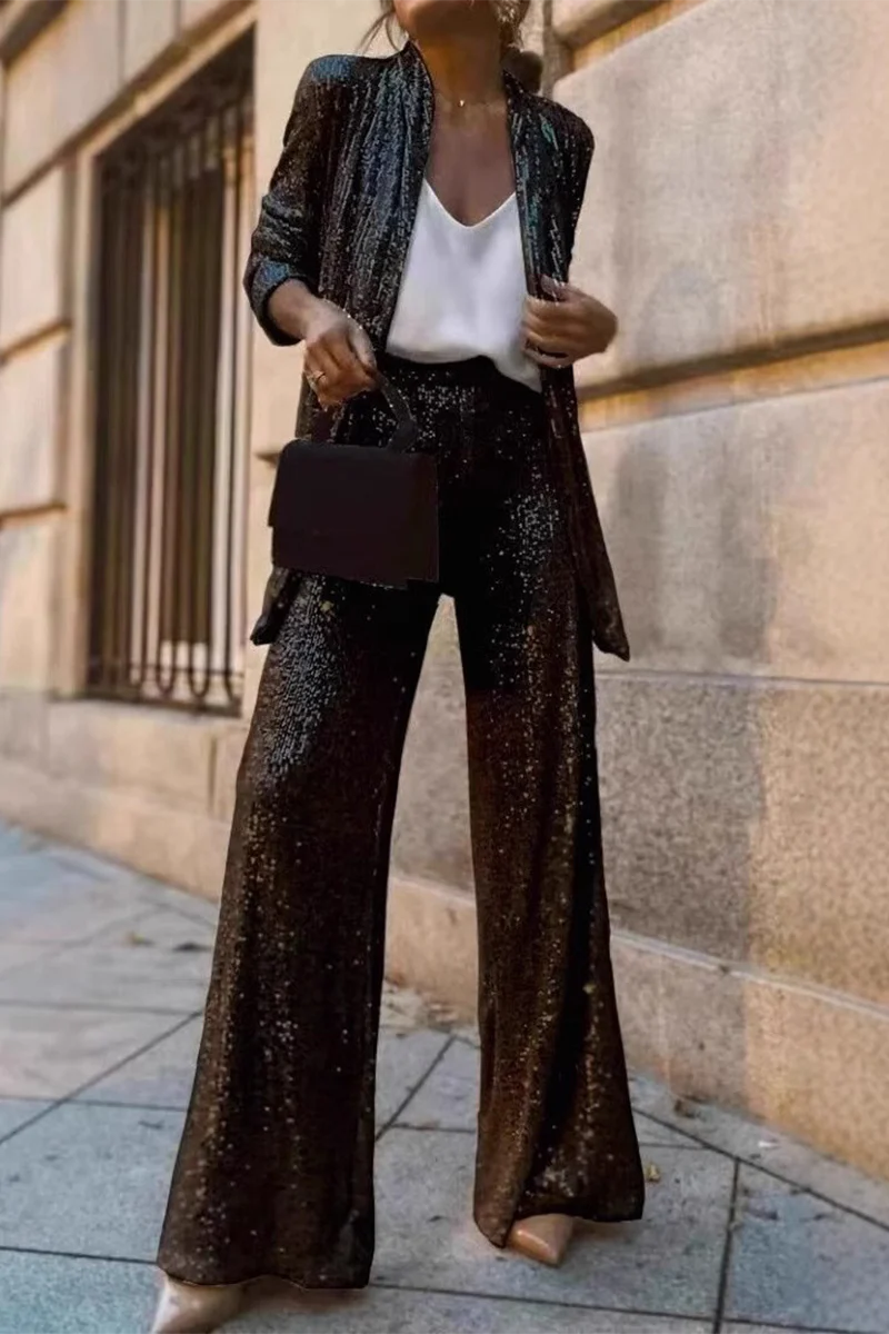 Costanza® | Elegant Sequin Open Jacket And Wide-Legged Pants Set - Image 2