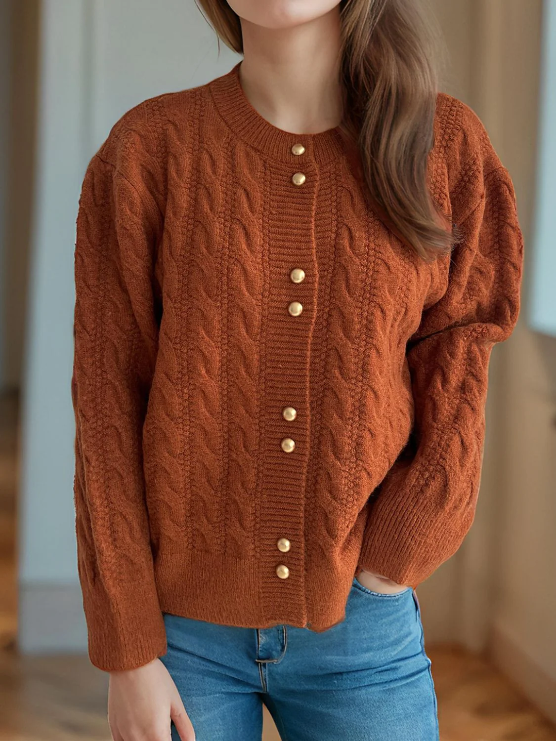 Cristina | Cable knit cardigan with a crew neck and long sleeves - Image 16