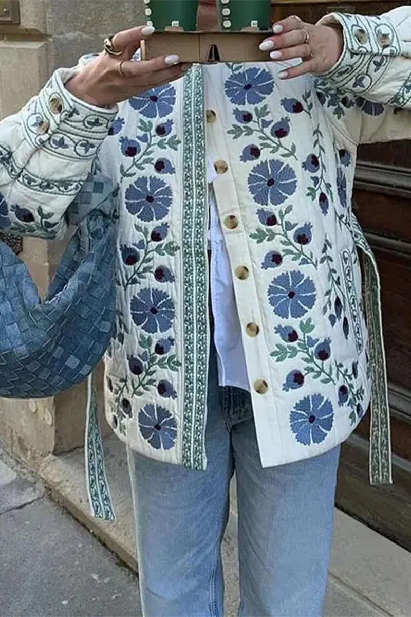 Cristina | Casual street floral outerwear with lace-up buttons and patchwork O-neck