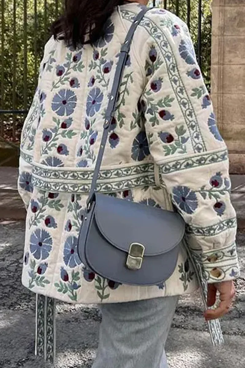 Cristina | Casual street floral outerwear with lace-up buttons and patchwork O-neck - Image 6