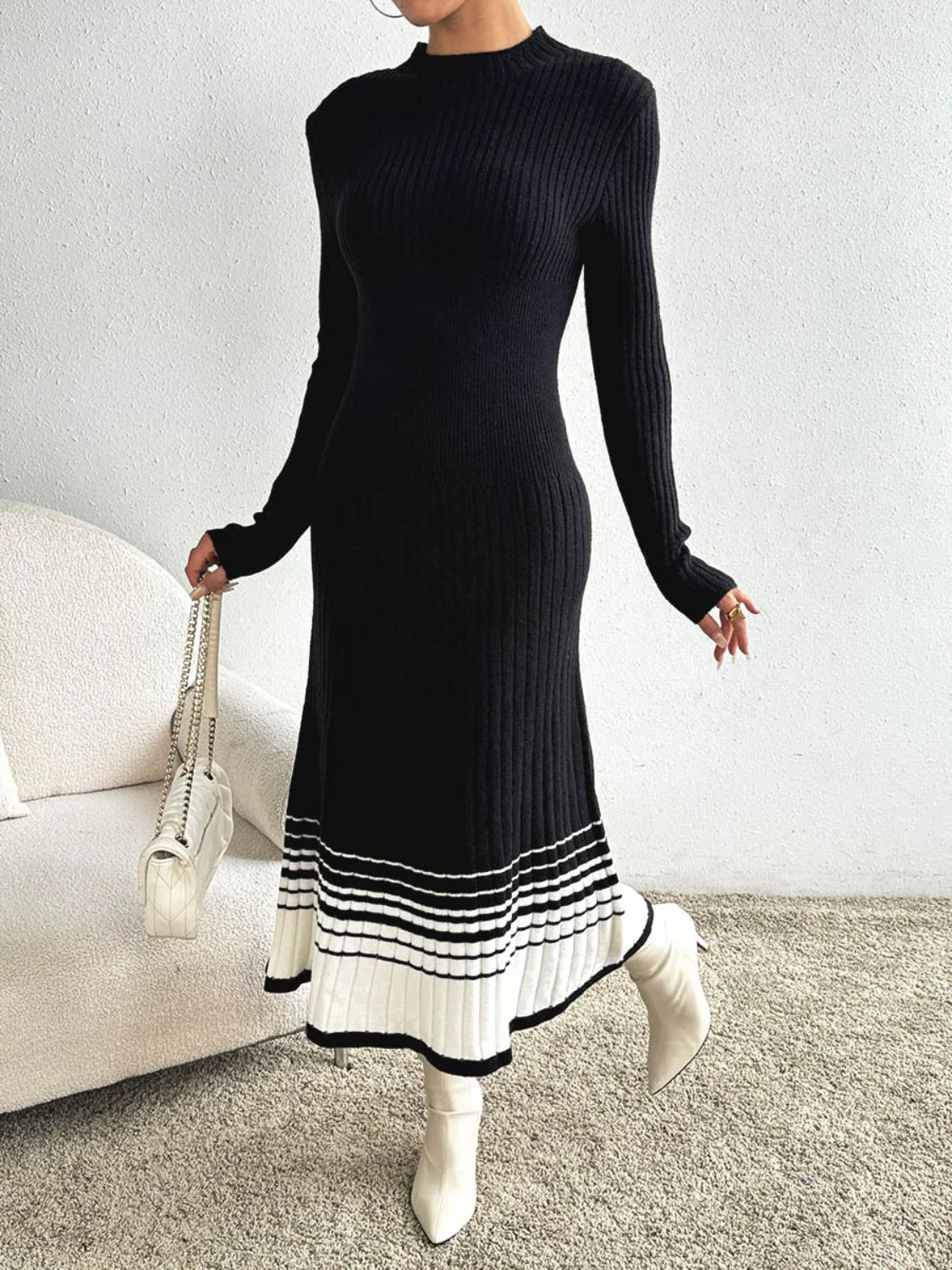 Cristina | Contrasting colored sweater dress with a stand-up collar and long sleeves - Image 6