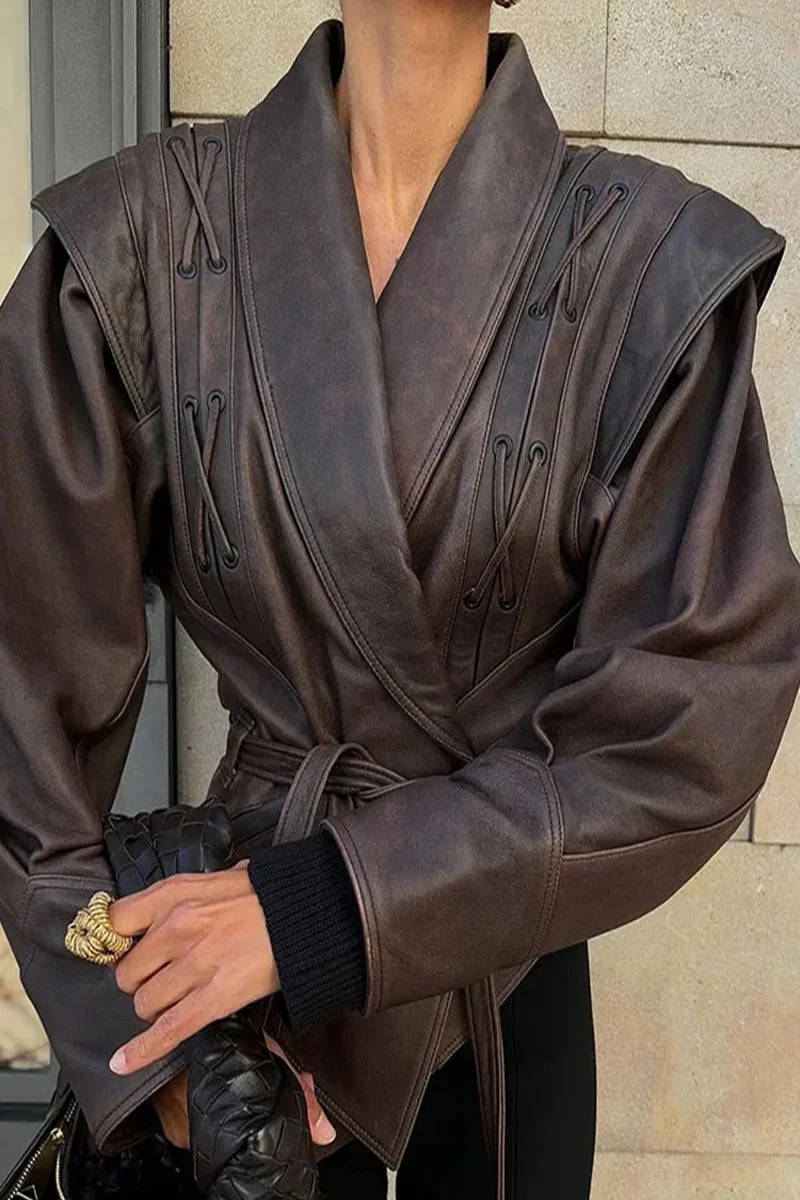 Dagmar | Casual street outerwear with solid color lace-up patchwork turn-down collar - Image 3
