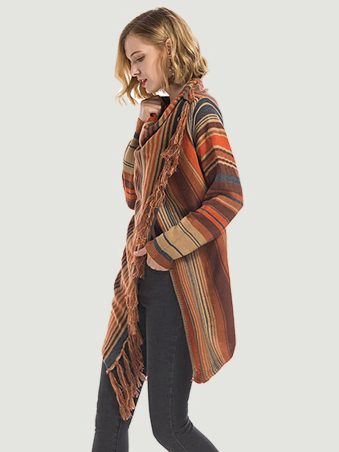 Dagny | Long sleeve cardigan with tassel stripes and open front - Image 8