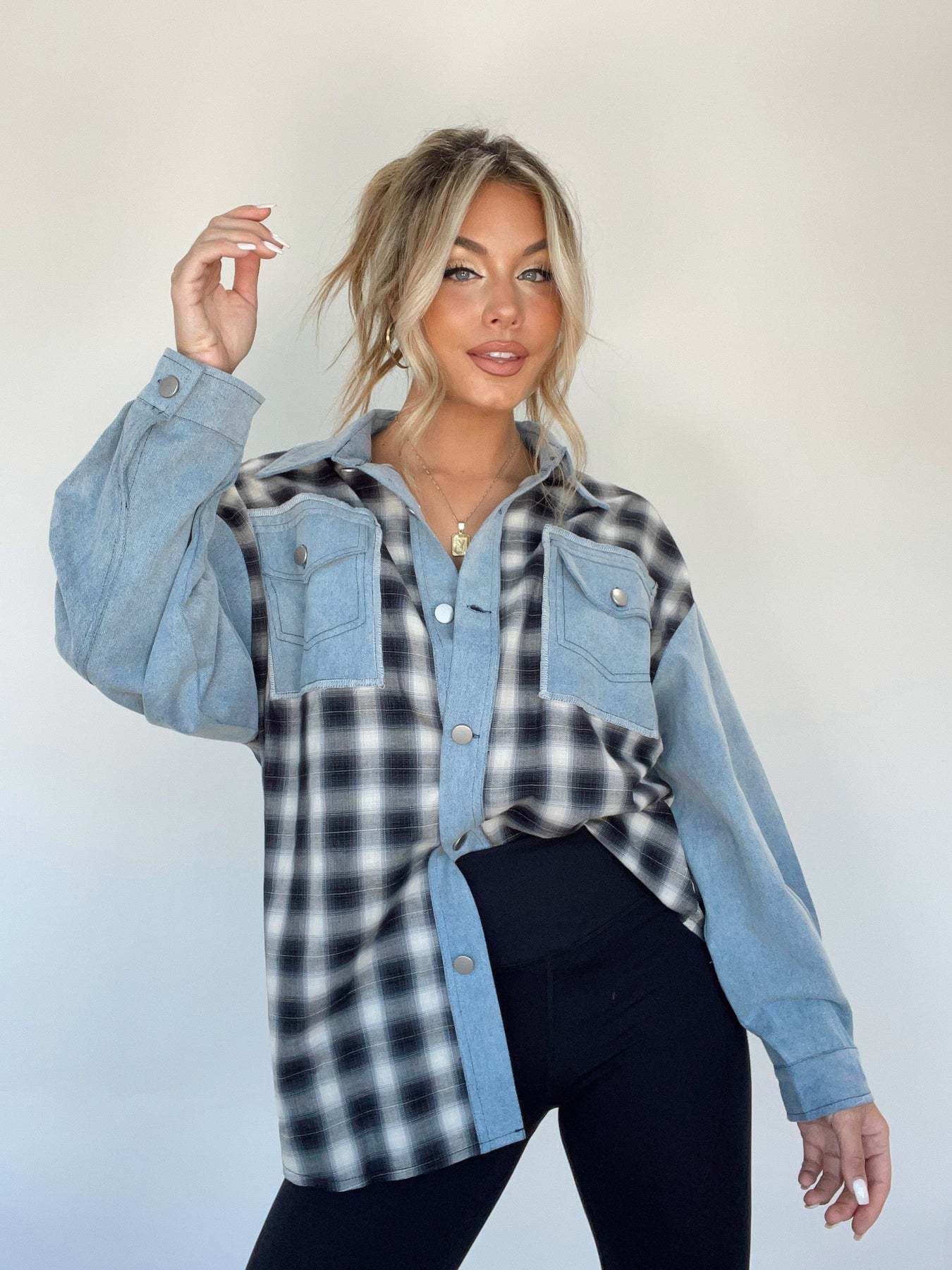 Dalila® | Checked denim button-front blouse for women - Image 2