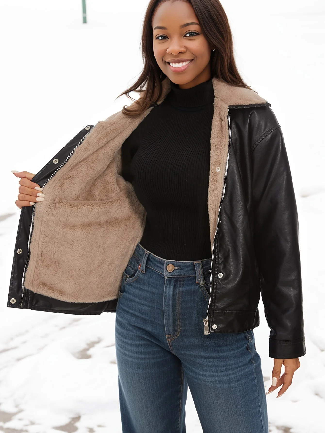 Denise | Fleece lined PU leather jacket - Image 2