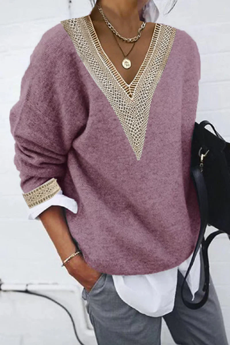 Diana | Casual solid patchwork V-neck tops - Image 3