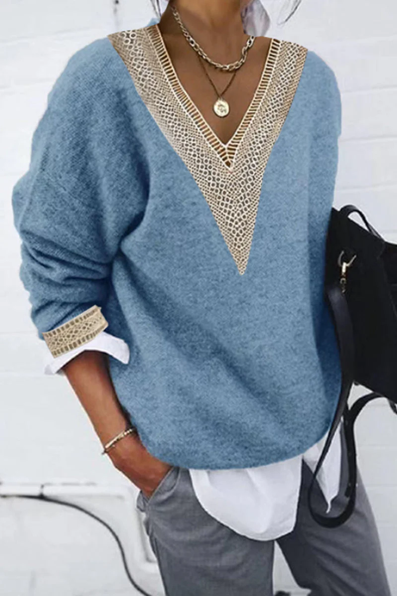 Diana | Casual solid patchwork V-neck tops - Image 4