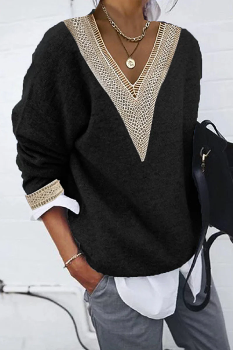 Diana | Casual solid patchwork V-neck tops - Image 5