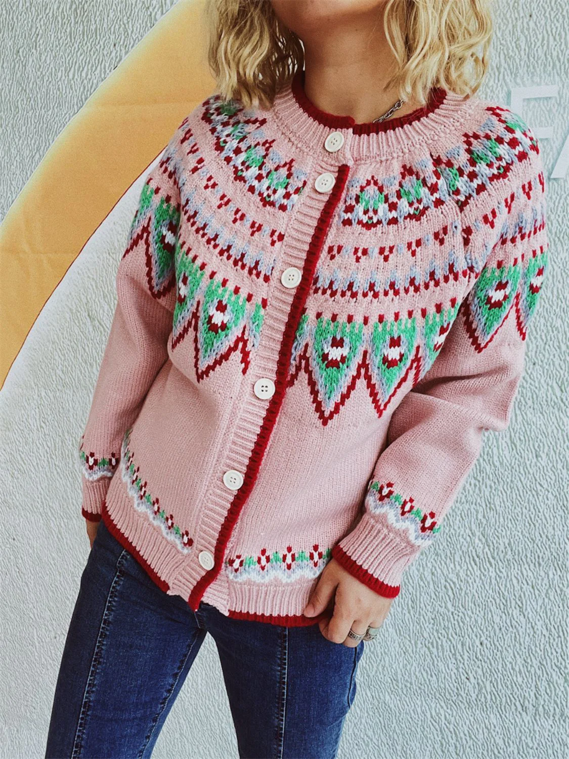 Diana | Long sleeve cardigan with a contrasting geometric crew neck - Image 4