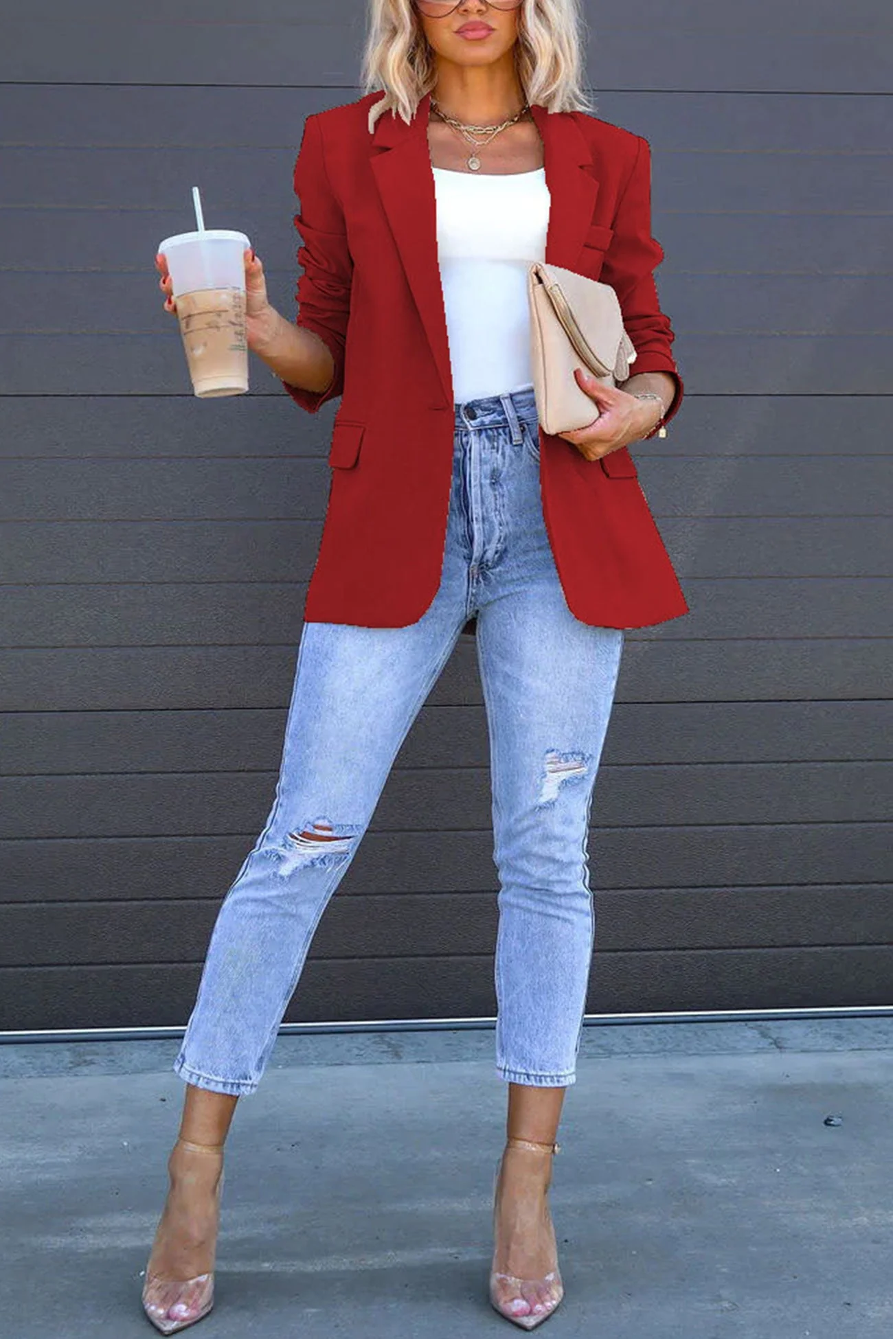 Diana | Solid color mid-length blazer with back slit - Image 11