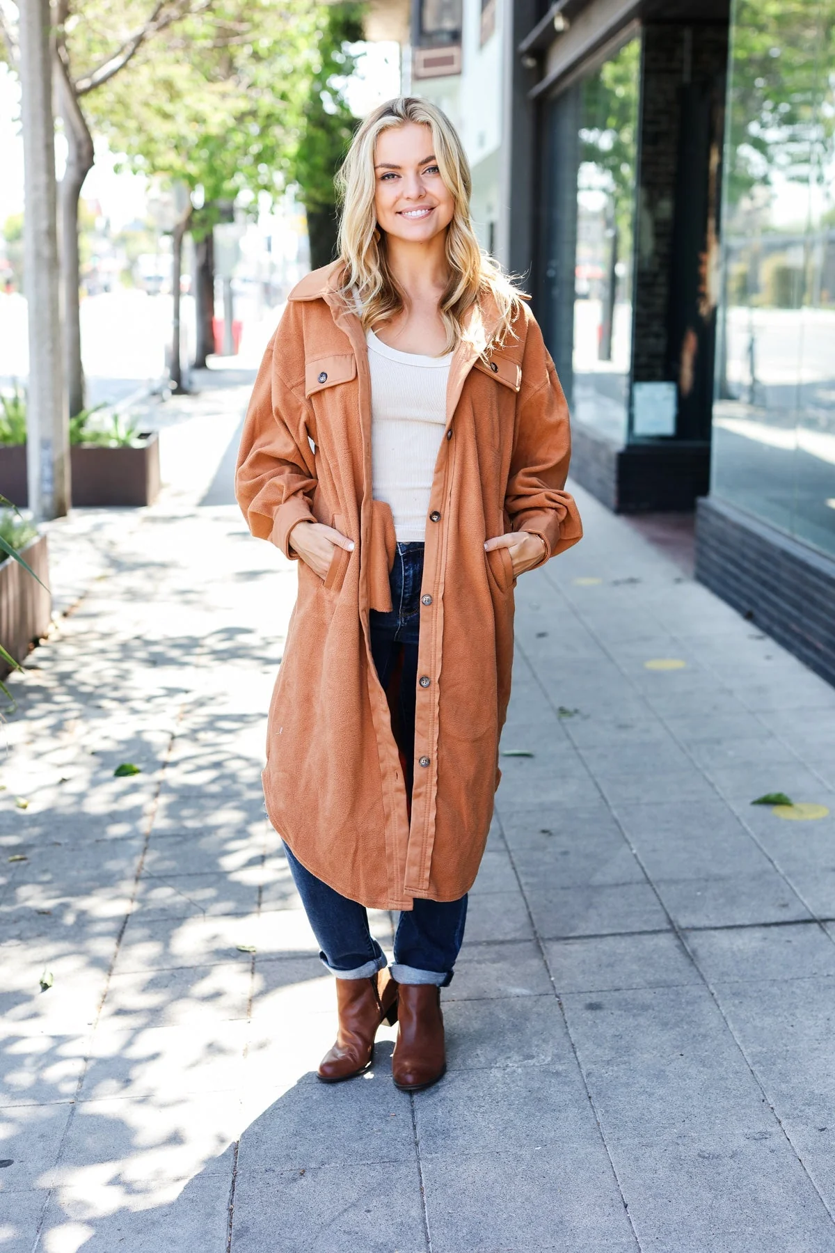 Doris | Turn Heads Camel Fleece Button Down Duster Jacket - Image 3