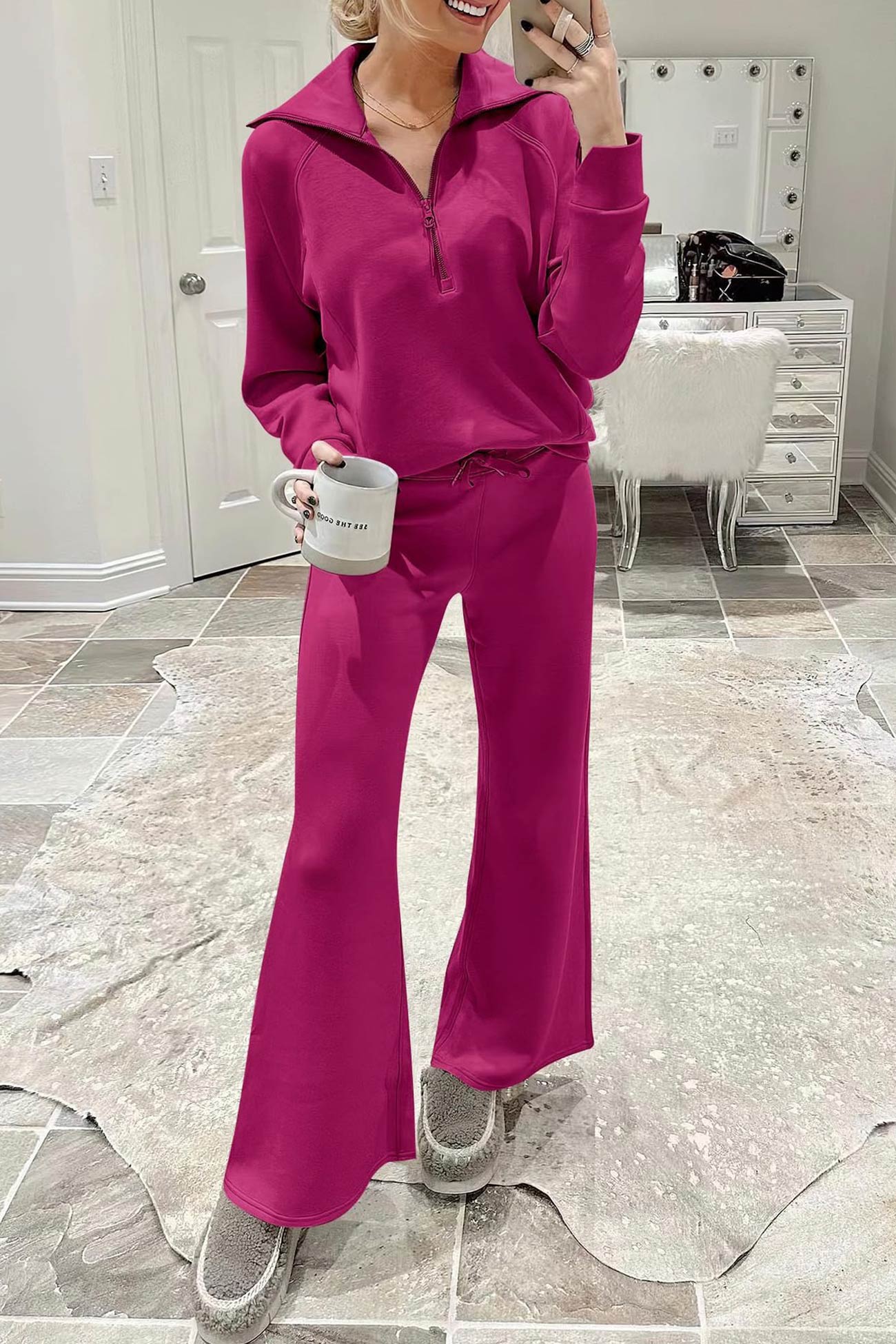Doris | Wide leg long pants set with lapel zip sweatshirt - Image 18