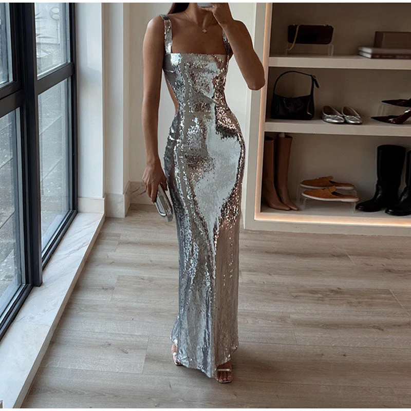Edith® | Charming Sequin Sling Square Collar Backless Dress Skirt - Image 5