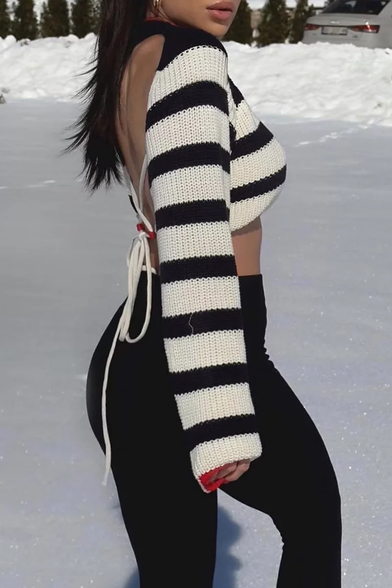 Edurne | Casual striped backless contrast lace-up O-neck sweaters - Image 3