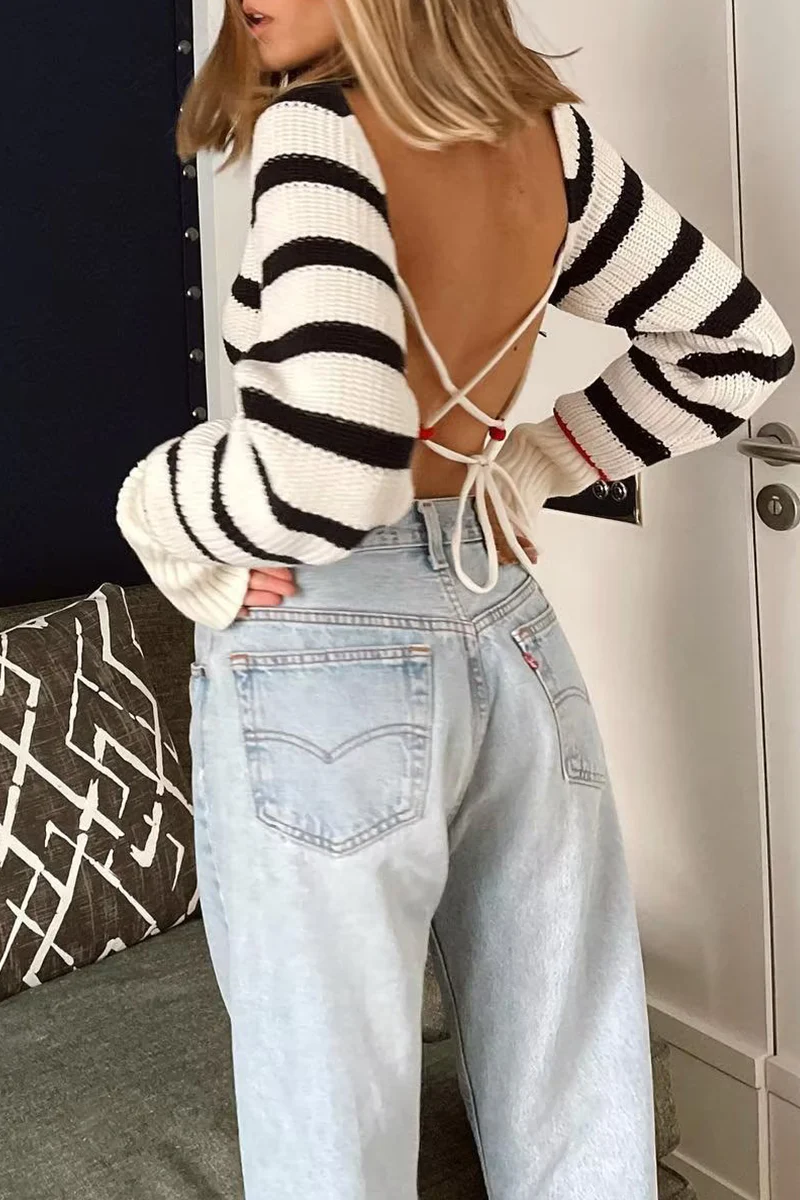 Edurne | Casual striped backless contrast lace-up O-neck sweaters - Image 4
