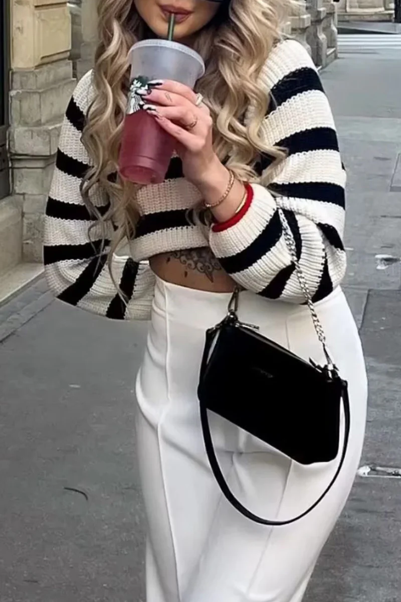 Edurne | Casual striped backless contrast lace-up O-neck sweaters - Image 5