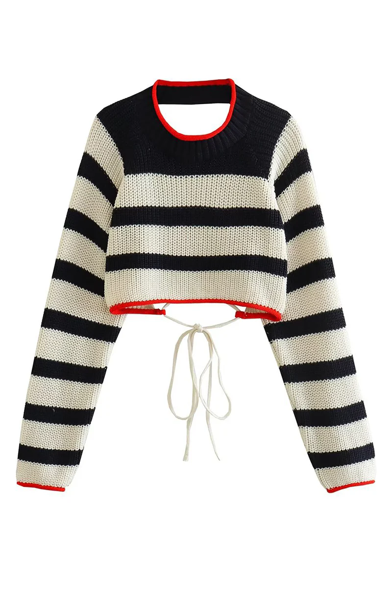 Edurne | Casual striped backless contrast lace-up O-neck sweaters - Image 7