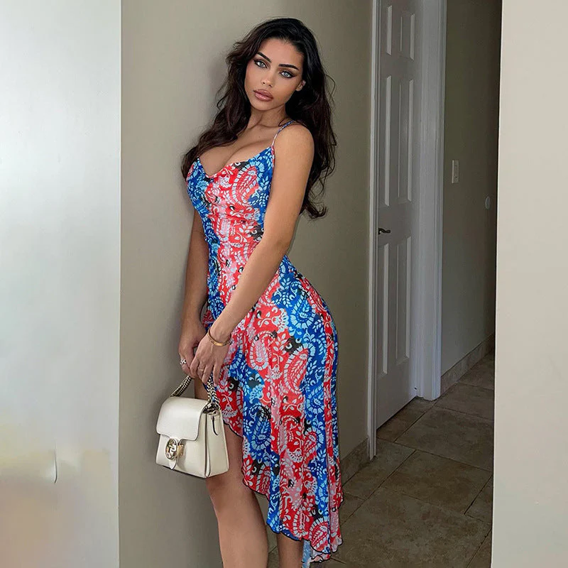 Elena® | Women'S Asymmetrical Summer Dress With Floral Pattern And Spaghetti Straps - Image 3