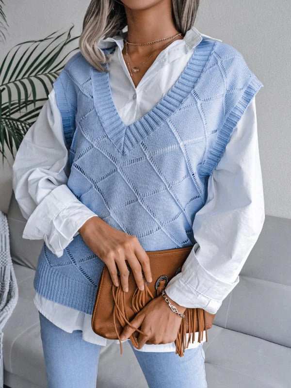 Elena® | Women'S V-Neck Hollow Diamond Casual Knitted Vest Sweater