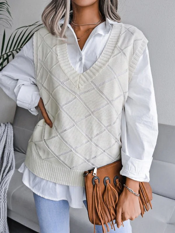Elena® | Women'S V-Neck Hollow Diamond Casual Knitted Vest Sweater - Image 11