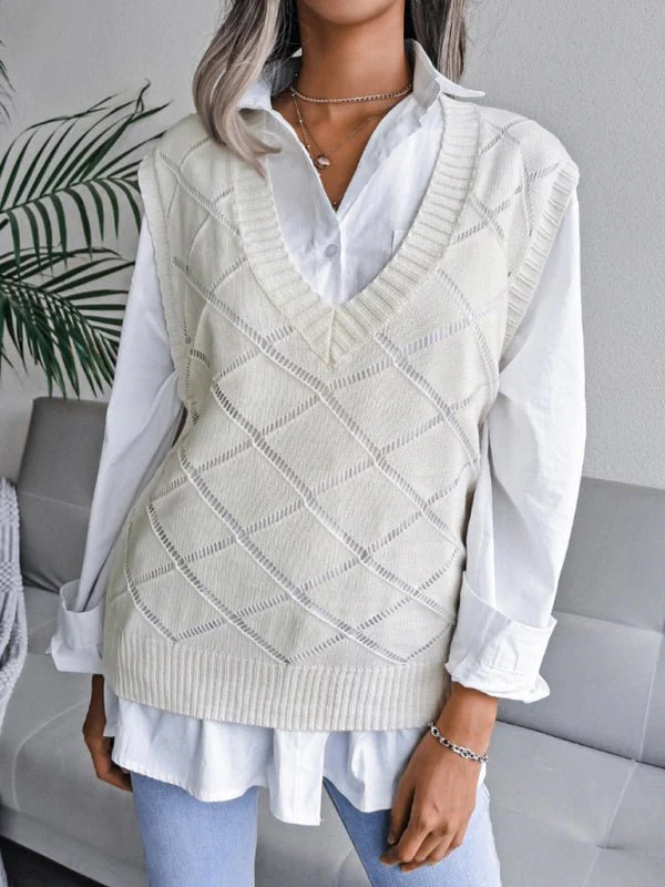 Elena® | Women'S V-Neck Hollow Diamond Casual Knitted Vest Sweater - Image 12
