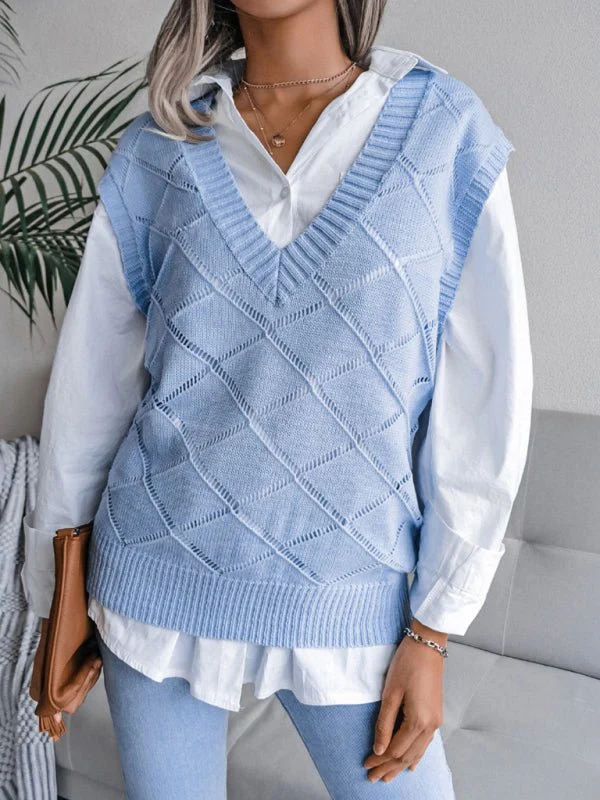 Elena® | Women'S V-Neck Hollow Diamond Casual Knitted Vest Sweater - Image 3
