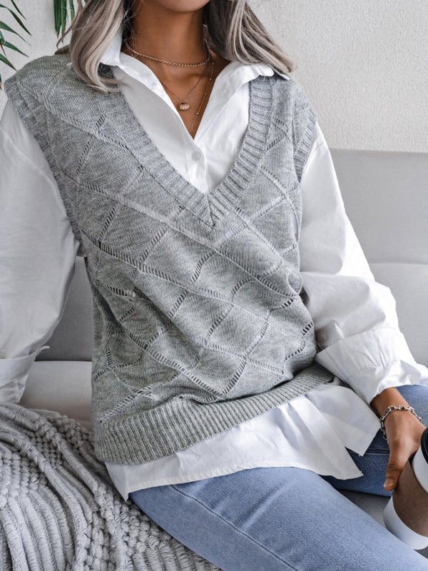 Elena® | Women'S V-Neck Hollow Diamond Casual Knitted Vest Sweater - Image 5
