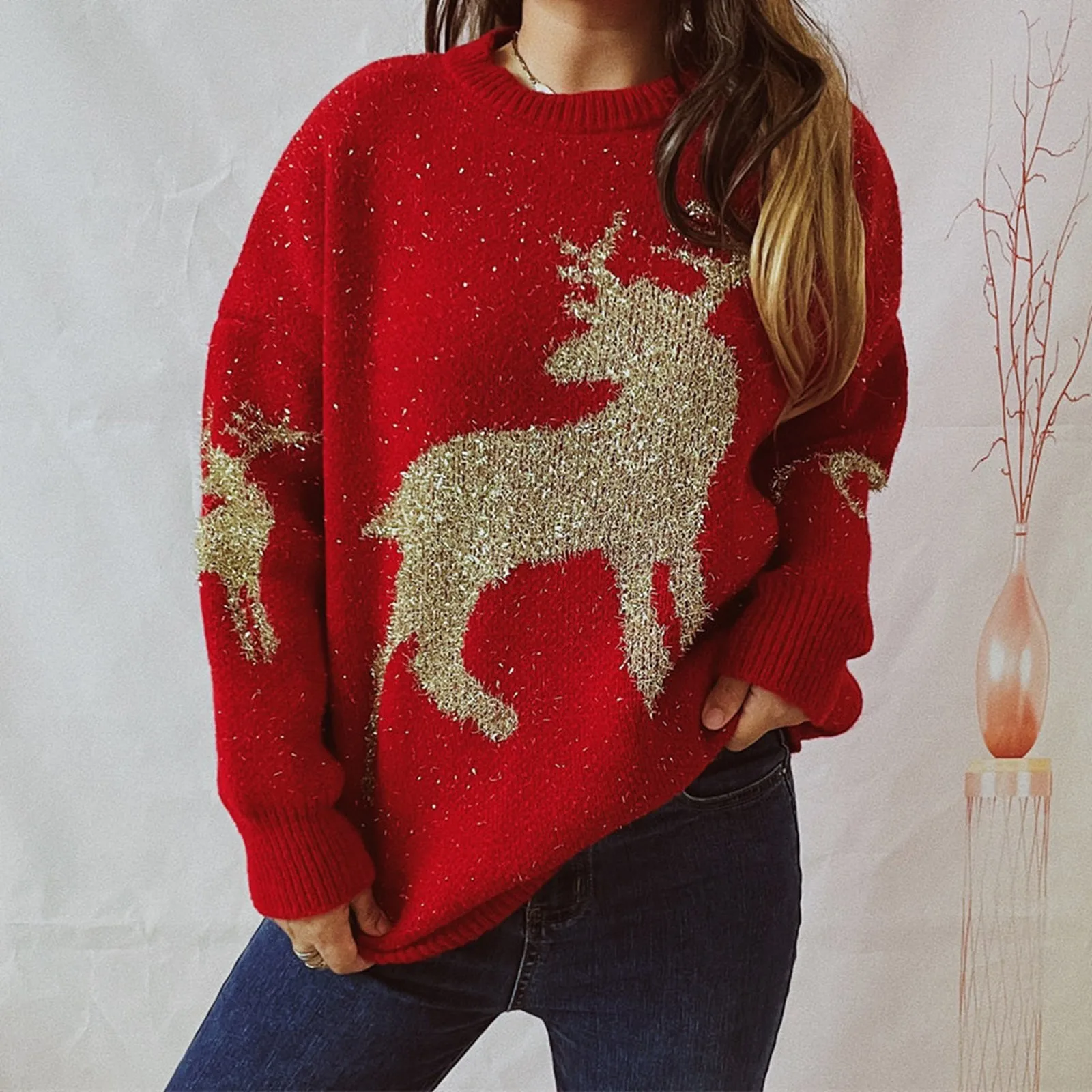 Elfriede | Christmas deer crew neck knitted sweater for women - Image 2