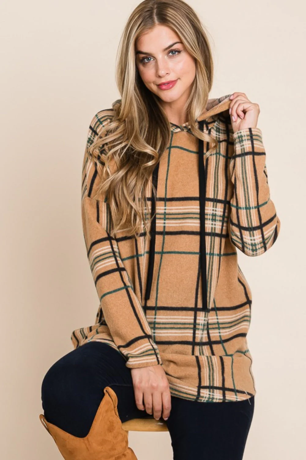 Elfriede | Drawstring hoodie with check pattern and long sleeves - Image 4