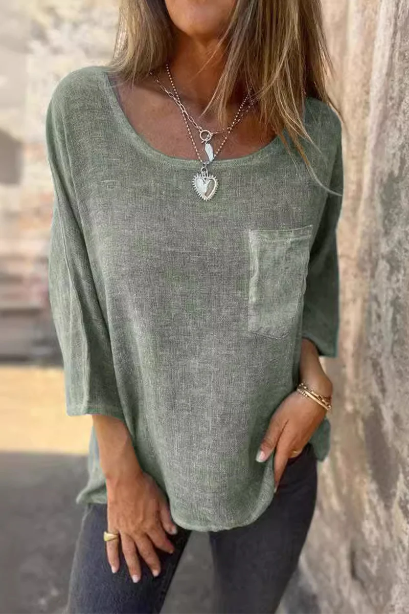 Elke | Casual plain O-neck t-shirts with pocket - Image 3